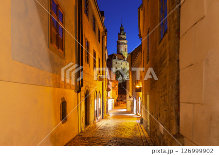 Cesky Krumlov tower view at dawn, Czech Republic 126999902