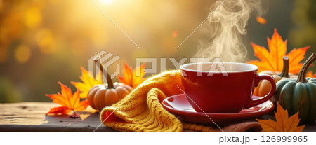 Autumn still life with cup of hot tea, scarf and pumpkins. Cozy fall outdoor atmosphere. Autumn still life with cup of hot tea, scarf and pumpkins. Cozy fall outdoor atmosphere. 126999965
