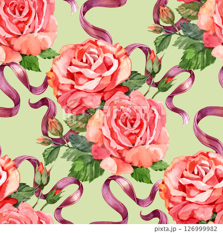 Red Roses watercolor seamless pattern. Vintage style hand drawn pattern. Red Roses watercolor seamless pattern. Vintage style hand drawn pattern. 126999982