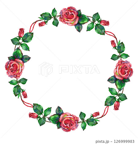 Floral wedding wreath. Wreath with roses, leaves. Vintage style watercolor hand drawn illustration 126999983