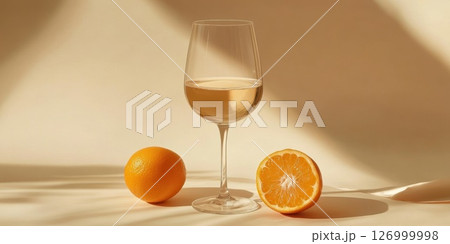 Refreshing drink with a glass of white wine and fresh oranges on a neutral background during sunny afternoon light 126999998