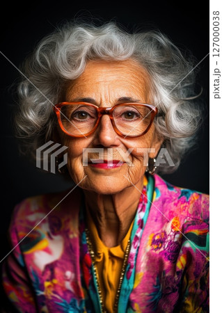 Portrait of an older woman with curly hair and stylish glasses smiling warmly against a dark background while wearing a colorful floral blazer, showcasing her unique sense of fashion and personality 127000038