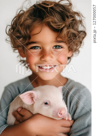 Young boy happily cradling a cute piglet in his arms with a joyful smile, showcasing a bond with animals, indoors, in a bright and cheerful setting 127000057