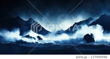 Stormy ocean waves crash against rocky coastline under dark clouds at dusk illuminating the dramatic landscape with a mystical atmosphere Stormy ocean waves crash against rocky coastline under dark clouds at dusk illuminating the dramatic landscape with a mystical atmosphere 127000086