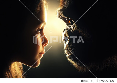 Profound moment of connection between a young girl and a gorilla in a softly lit environment showcasing the beauty of wildlife and human interaction Profound moment of connection between a young girl and a gorilla in a softly lit environment showcasing the beauty of wildlife and human interaction 127000100