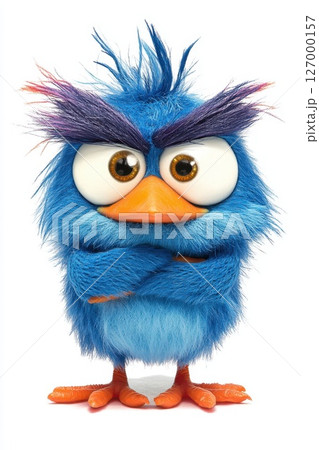 Bright blue animated bird character with exaggerated features and fluffy texture standing confidently with crossed arms and vibrant eyes 127000157
