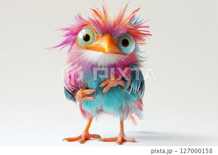 Colorful bird character with unique feathers displays whimsical features against a neutral background 127000158
