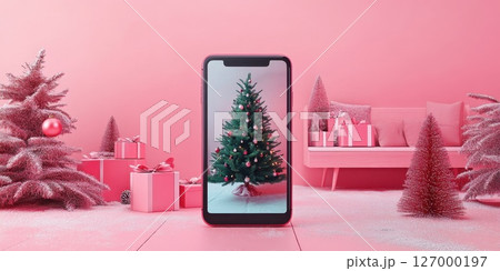 Festive digital display of a decorated Christmas tree surrounded by pink-themed winter decorations in a cozy indoor setting 127000197