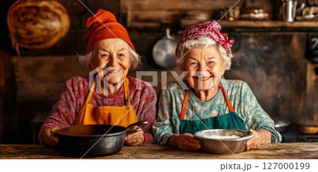 Two cheerful elderly women in colorful aprons cook together in a rustic kitchen filled with wooden decor and cooking utensils during late afternoon 127000199