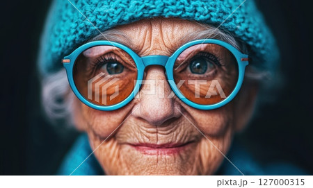 Elderly woman wearing colorful glasses and knitted hat in a close-up portrait capturing joy and wisdom during a sunny afternoon outdoors 127000315
