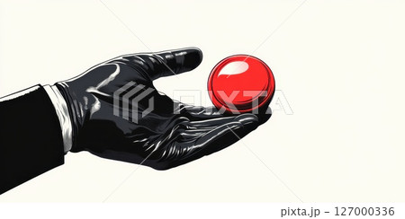Hand in black glove holds a glossy red button against a plain background inviting curiosity about its purpose and significance 127000336