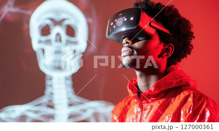 Young person explores virtual reality with headset while in front of a skeletal projection in a modern learning environment 127000361