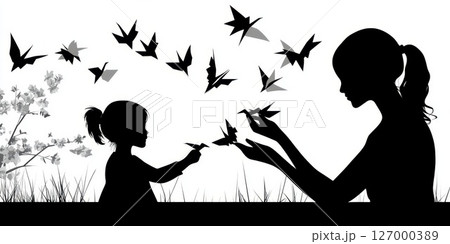 Crafting paper cranes in a serene garden with a child and a woman during a sunny afternoon Crafting paper cranes in a serene garden with a child and a woman during a sunny afternoon 127000389