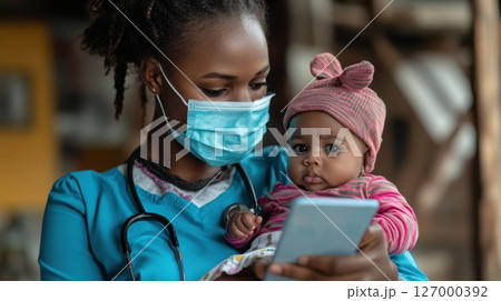 Healthcare worker cares for infant while using smartphone in a warm and inviting clinic setting 127000392