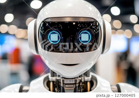 Friendly humanoid robot with bright blue eyes engaging visitors at a technology expo in a modern convention center during a busy afternoon 127000405