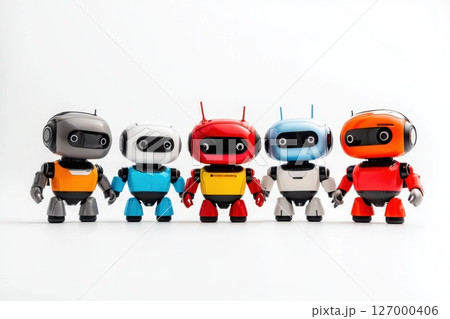 Colorful toy robots stand together on a white background showcasing their unique designs and vibrant features in a playful arrangement 127000406