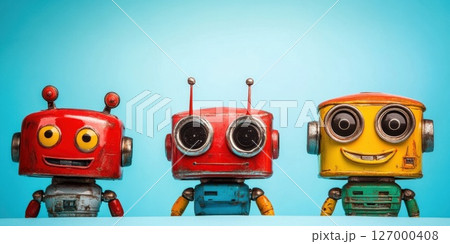 Vintage robot trio showcasing unique designs and vibrant colors against a bright blue background at a creative display event in an art studio 127000408