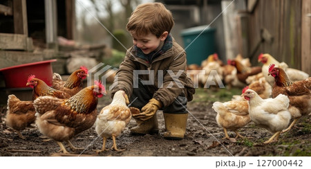 Young boy interacts joyfully with chickens on a farm during a sunny afternoon in a rural setting, showcasing a delightful bond with animals and the essence of farm life 127000442