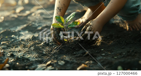 Child planting a small green seedling into rich soil during a sunny afternoon in a vibrant garden, fostering a connection with nature and environmental awareness 127000466