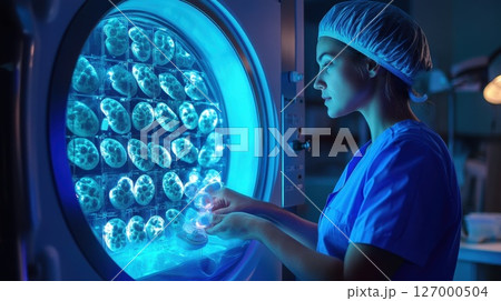 Scientist analyzing samples in a laboratory during nighttime using advanced fluorescent technology for research purposes 127000504