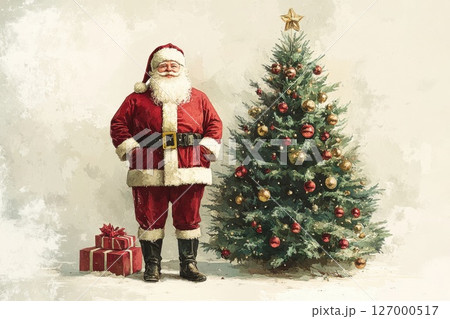 Classic Santa Claus stands beside decorated Christmas tree with gifts in a cozy, festive atmosphere during the holiday season 127000517