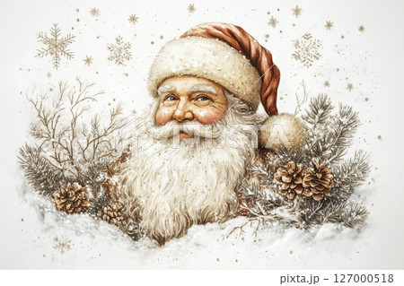 Classic depiction of Santa Claus surrounded by winter elements and festive decorations in a snowy landscape 127000518