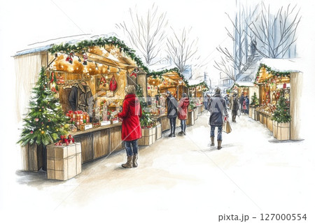 Holiday market bustling with visitors admiring festive decorations and unique gifts in a winter village setting Holiday market bustling with visitors admiring festive decorations and unique gifts in a winter village setting 127000554