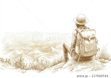 Hiker resting on mountain peak overlooking scenic landscape during daytime with a backpack and hat 127000584