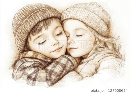 Two children share a warm embrace while wearing cozy winter hats in a tender moment during a chilly day 127000634