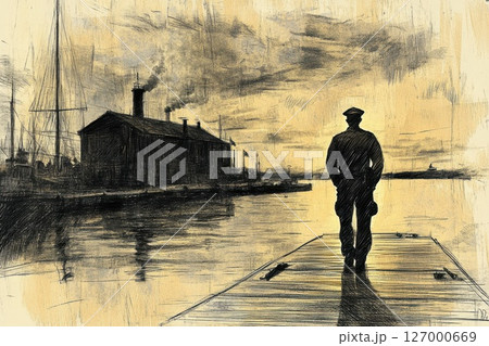 Silhouette of a sailor standing on a dock at sunset near an old industrial building overlooking tranquil waters 127000669
