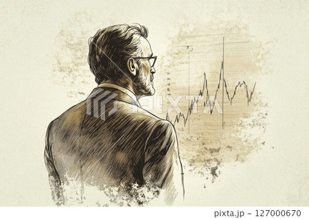 Business professional analyzes financial market trends while observing stock price fluctuations in a modern office environment 127000670