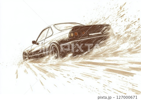 Classic car drifts on wet road during sunset with spray of water and dynamic motion blur captured in artistic style 127000671