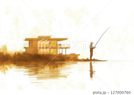 Modern waterfront home connected to nature with a person fishing peacefully at sunset by the lake 127000760