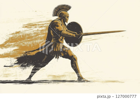 Ancient warrior in battle stance with shield and spear during a dynamic confrontation against a backdrop of a stylized ancient battlefield 127000777