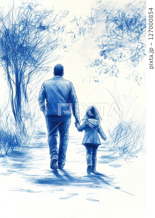 Father and daughter walking hand in hand along...のイラスト素材 [127000854 ...