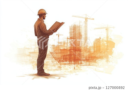 Construction worker reviews blueprints at a large building site during the afternoon, surrounded by cranes and developing structures 127000892
