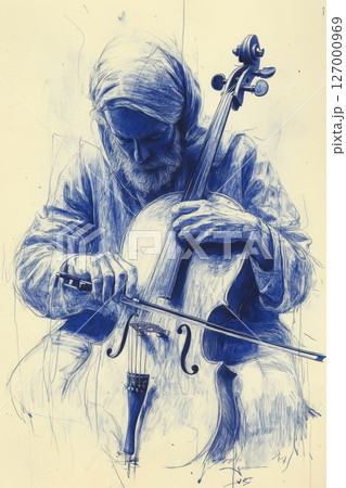 Elderly musician playing cello in serene moment, capturing profound emotion in urban setting during evening hours 127000969