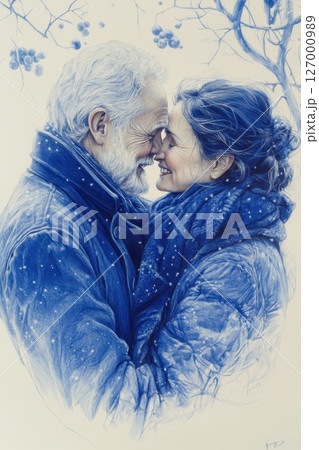 Couple embraces warmly in a snowy landscape,...のイラスト素材 [127000989] - PIXTA