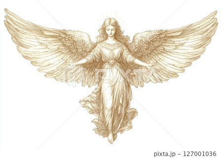Majestic angel with expansive wings gracefully descending against a white background in a serene and ethereal composition 127001036