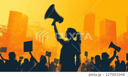 Women rally in a city against social injustice, illuminated by a vibrant sunset while holding signs and megaphones in a powerful demonstration 127001048