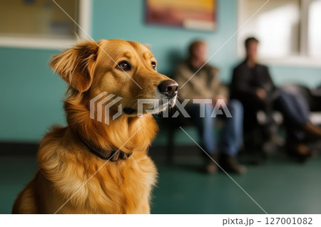 Golden retriever patiently waits in a veterinary clinic while owners discuss care options in a relaxed environment 127001082