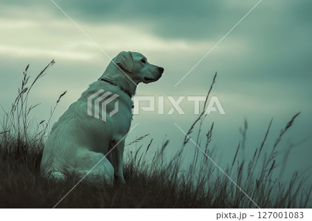Golden retriever sits quietly in tall grass on a windy day, gazing at the cloudy sky during the early evening 127001083