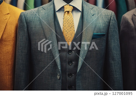 Elegant tailored suit display showcasing modern fashion trends in a vibrant clothing store during daylight hours 127001095
