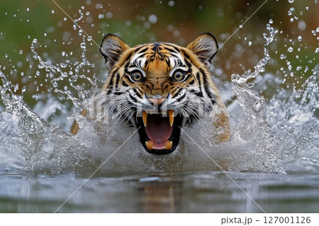 Tiger charges through water with mouth open, creating a spray as it hunts in its natural habitat at dawn 127001126