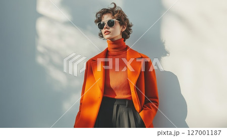 Fashionable young woman poses against a minimalist background, showcasing a bold orange outfit during daylight hours Fashionable young woman poses against a minimalist background, showcasing a bold orange outfit during daylight hours 127001187