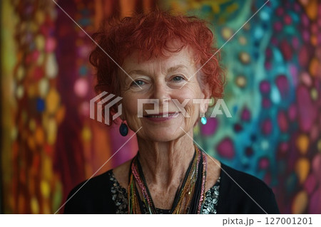 Portrait of a smiling woman with curly red hair in front of a vibrant, colorful background, showcasing her joy and vibrant personality in a warm and inviting atmosphere 127001201