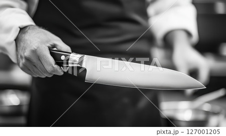 Chef prepares a meal with a sharp knife in a professional kitchen setting during a culinary session 127001205