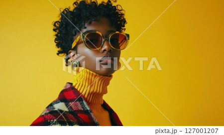 Model poses confidently against a vibrant yellow background showcasing stylish outfit and bold accessories during a fashion photoshoot in an urban setting 127001207