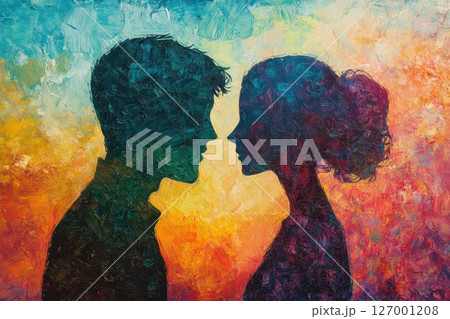 Silhouetted figures of a couple embrace in a vibrant sunset, depicting love and connection against an abstract background 127001208