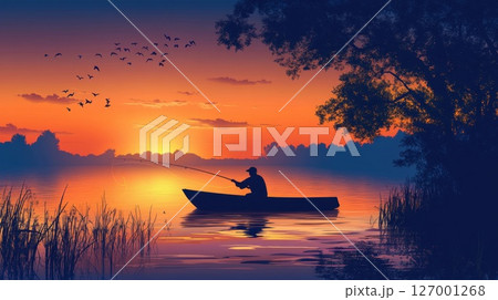 Sunset fishing on a calm lake with a silhouette of an angler in a boat and birds flying in the horizon 127001268